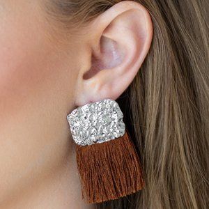 NWT Plume Bloom. Brown fringe with silver bling. Post back earrings. Fun Flirty